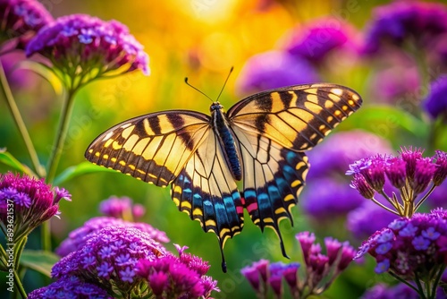 Delicate butterfly with intricate wings perches on vibrant purple flower blooms, surrounded by lush greenery, in a serene and colorful natural setting.