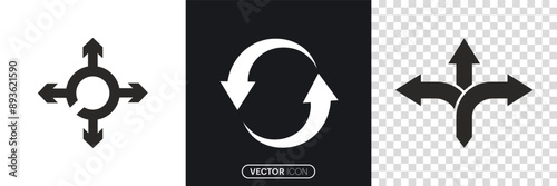 Three-way direction arrows, Black rotation arrow icon set. Roundabout sign, Circle arrow, Rotation arrow Symbol icon. vector illustration.