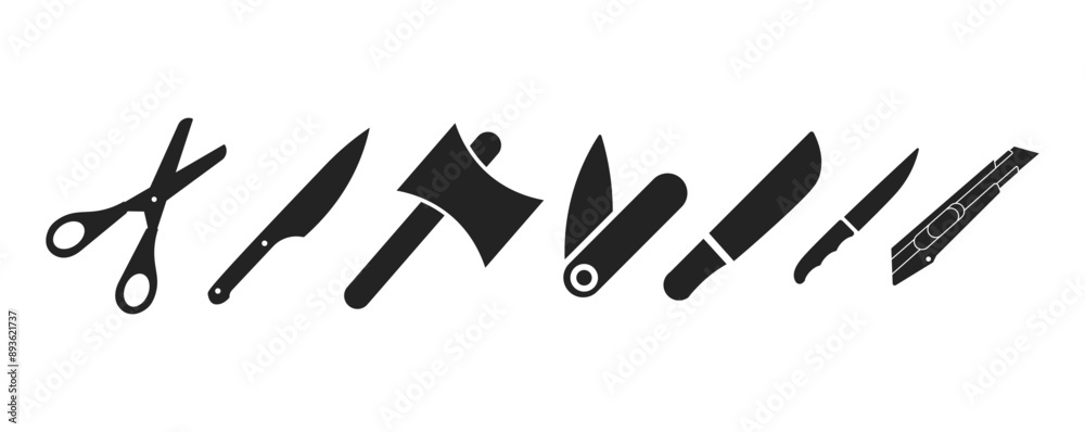 Bundle isolated sharp edge cutting tool pictogram, knife, blade, axe, scissors for danger sign or cut equipment icon Bundle isolated sharp edge cutting tool pictogram, knife, blade, axe, scissors for danger sign or cut equipment icon