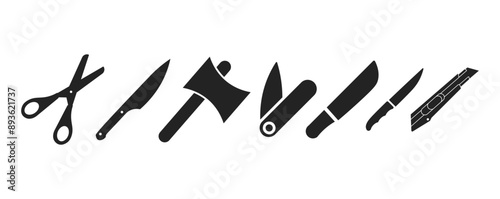 Bundle isolated sharp edge cutting tool pictogram, knife, blade, axe, scissors for danger sign or cut equipment icon