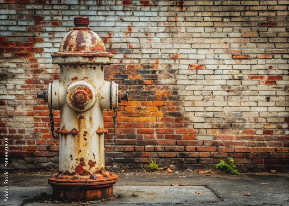 Weathered white fire hydrant covered in red rust stands neglected in front of a worn, textured brick wall, capturing urban decay and abandonment in a gritty scene. Weathered white fire hydrant covered in red rust stands neglected in front of a worn, textured brick wall, capturing urban decay and abandonment in a gritty scene.