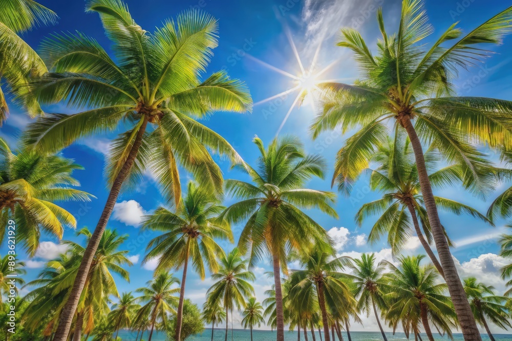 Sunny tropical getaway atmosphere with palm trees swaying gently against a clear blue sky on a warm summer day, perfect for friendship and relaxation. Sunny tropical getaway atmosphere with palm trees swaying gently against a clear blue sky on a warm summer day, perfect for friendship and relaxation.