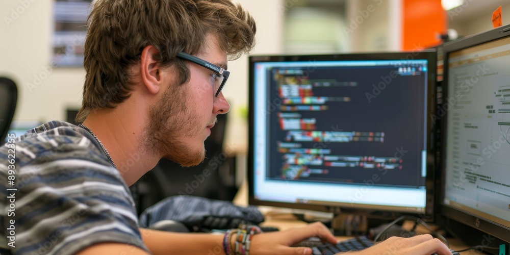 A commercial software developer coding on a computer, developing applications for global markets A commercial software developer coding on a computer, developing applications for global markets