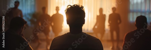 A young man is sitting in the center of his group therapy session, with other people standing around him and talking to each other The focus on the back view captures their silhouettes Generative AI
