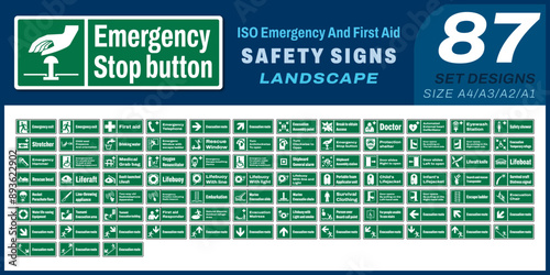 87 set ISO emergency and first aid safety signs v19 landscape size 1/2 a4,a3,a2,a1