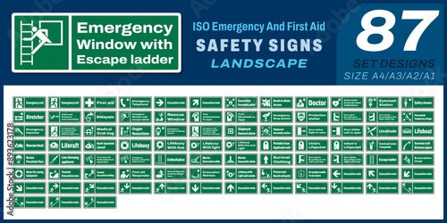 87 set ISO emergency and first aid safety signs v15 landscape size 1/2 a4,a3,a2,a1