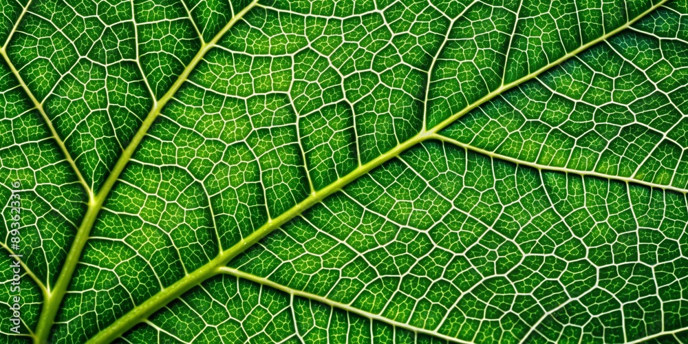 Vibrant green leaf texture showcasing intricate network of veins and cells in breathtaking macro detail, ideal for natural backgrounds or scientific illustrations.