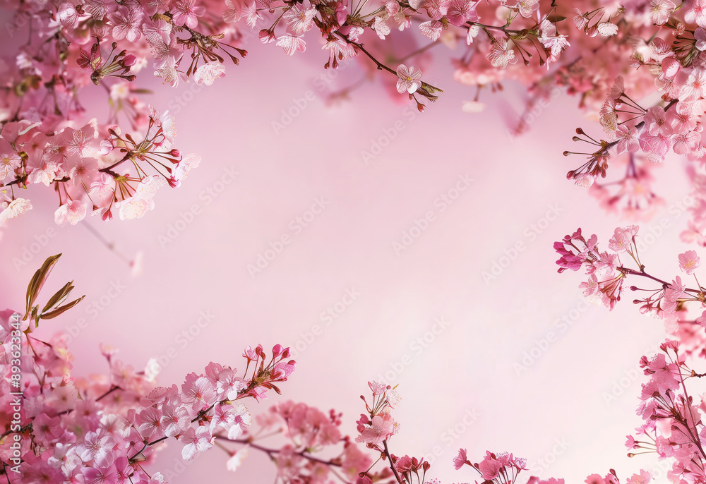 Soft pink background with central blank space, edged by gently curving branches cherry blossoms Soft pink background with central blank space, edged by gently curving branches cherry blossoms