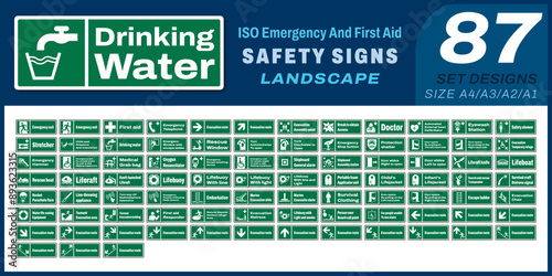 87 set ISO emergency and first aid safety signs v14 landscape size 1/2 a4,a3,a2,a1