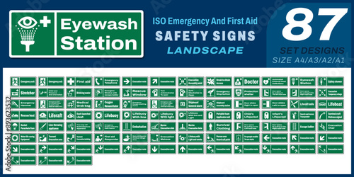 87 set ISO emergency and first aid safety signs v11 landscape size 1/2 a4,a3,a2,a1