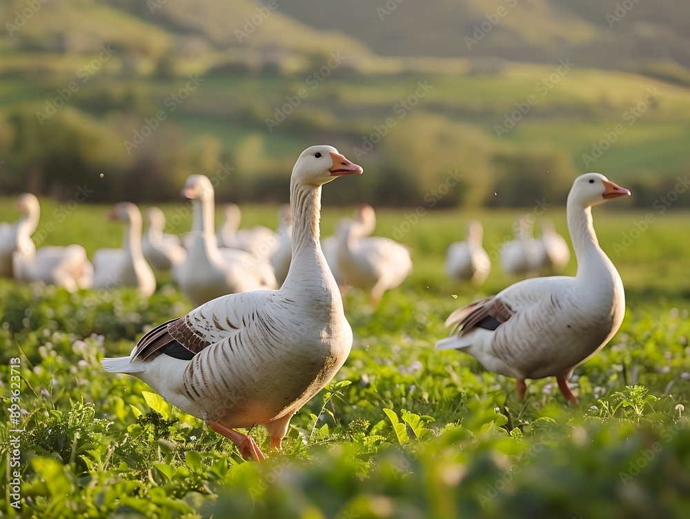 Flock of Geese Foraging in Lush Pastoral Field Demonstrating Natural Farming Practices Flock of Geese Foraging in Lush Pastoral Field Demonstrating Natural Farming Practices