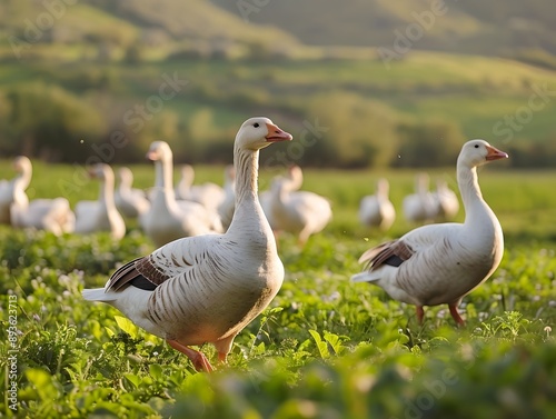 Flock of Geese Foraging in Lush Pastoral Field Demonstrating Natural Farming Practices