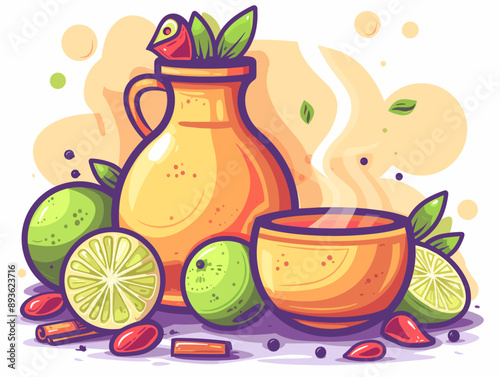 Vector illustration of a jug of lemonade, lime and cinnamon
