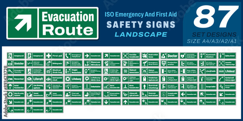 87 set ISO emergency and first aid safety signs v06 landscape size 1/2 a4,a3,a2,a1 photo