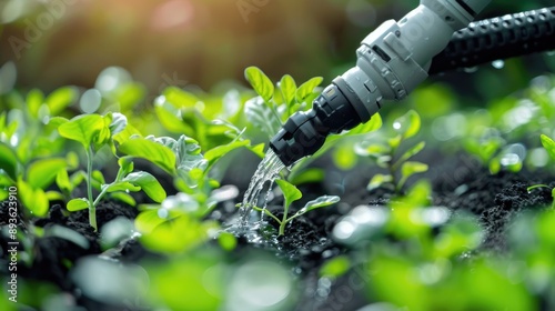 Smart farming technology with a robotic arm watering plants, highlighting futuristic agricultural methods.