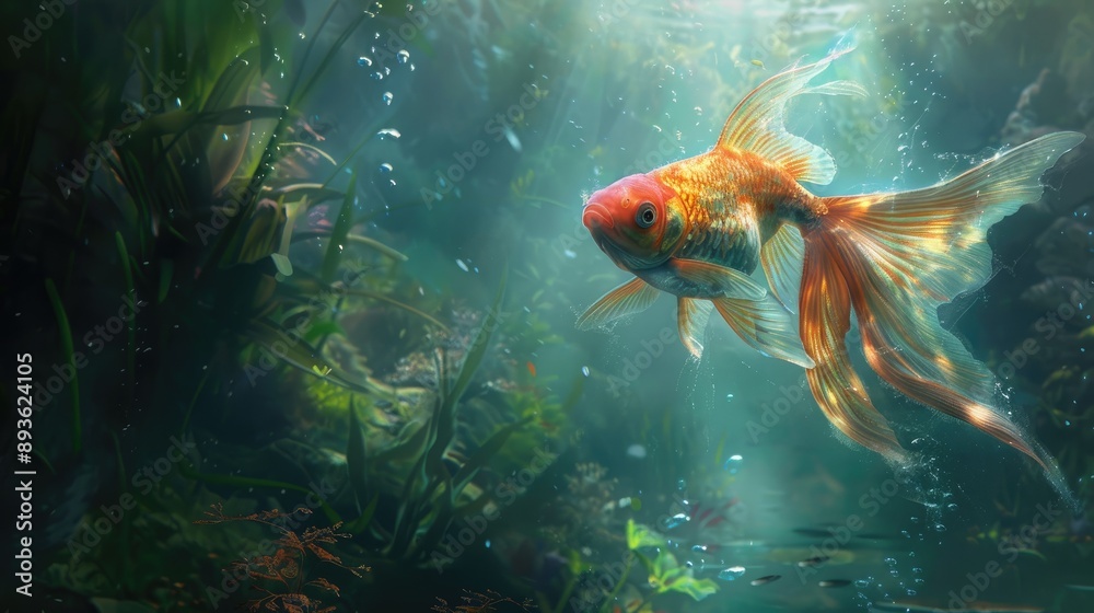 Fish with delicate, fairy-like wings swimming in a magical underwater realm Fish with delicate, fairy-like wings swimming in a magical underwater realm