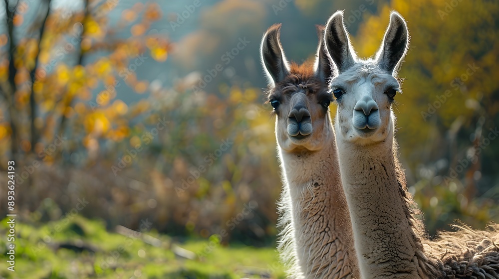 Fototapeta premium Two Fluffy Llamas in a Picturesque Mountain Farm Showcasing Their Unique Adaptability and Appeal