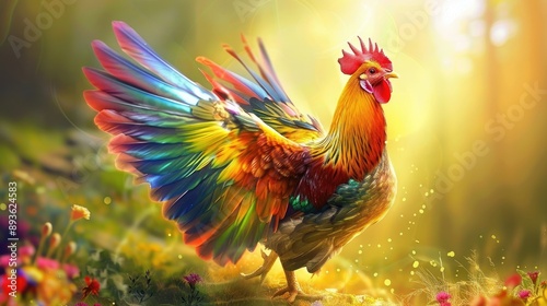 Wallpaper Mural Beautiful chicken with multicolored wings basking under a golden sun in paradise Torontodigital.ca