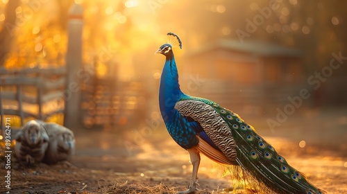 Majestic Peacock Showcasing Vibrant Plumage in a Quaint Farmyard Scenery