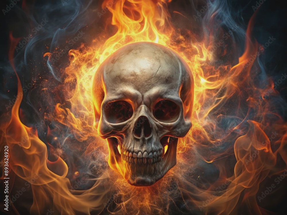 A hauntingly lit skull surrounded by swirling flames, with eerie shadows dancing across its surface, exuding an aura of mysterious power and primal intensity. A hauntingly lit skull surrounded by swirling flames, with eerie shadows dancing across its surface, exuding an aura of mysterious power and primal intensity.