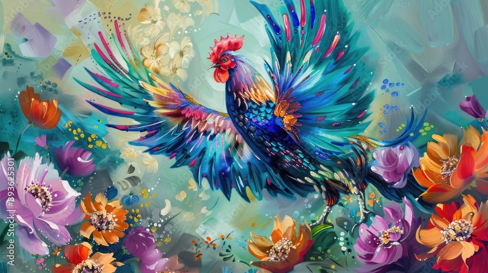 Chicken with iridescent wings fluttering among bright, exotic flowers