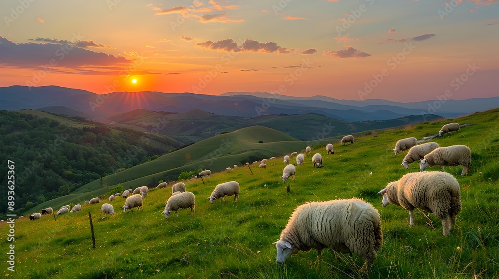 Fototapeta premium Peaceful Pastoral Herd Grazing on Idyllic Rolling Hillside at Sunset