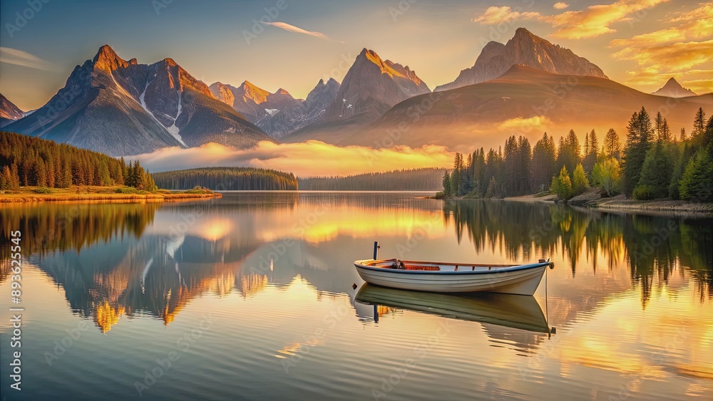 Serene dawn breaks over majestic mountains as a lone, empty fishing boat drifts silently on a tranquil river, mirrored reflections shimmering in warm golden light. Serene dawn breaks over majestic mountains as a lone, empty fishing boat drifts silently on a tranquil river, mirrored reflections shimmering in warm golden light.