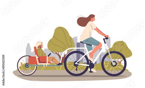 Woman Riding A Bicycle With A Child Seated In Sidecar Attachment. Scene Depicts An Outdoor Environment With Greenery