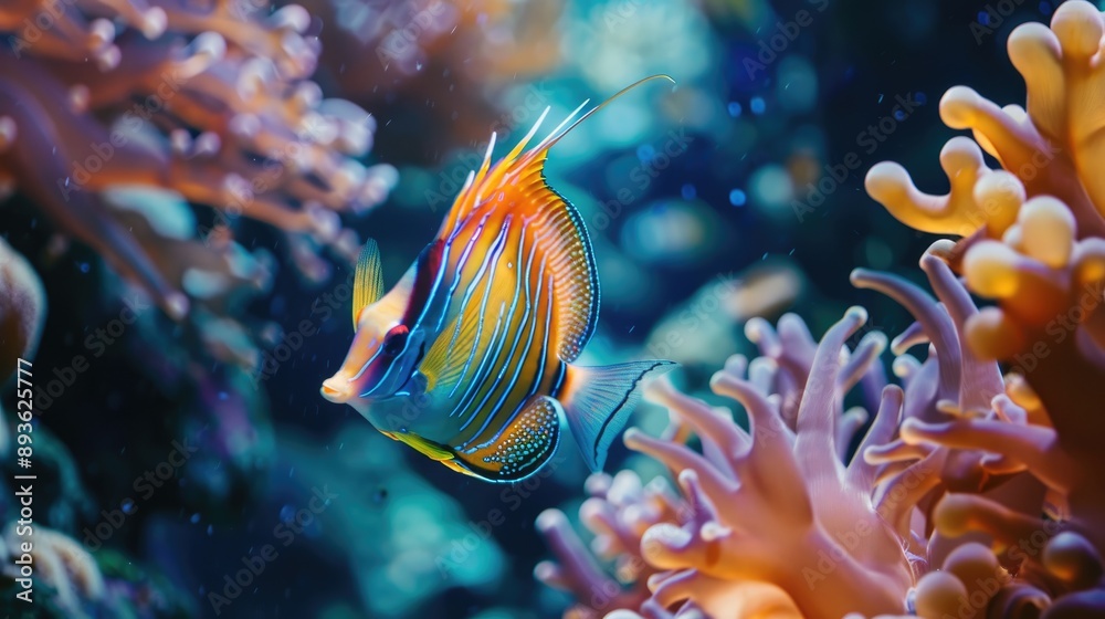 Elegant fish with iridescent wings gracefully moving through coral reefs Elegant fish with iridescent wings gracefully moving through coral reefs