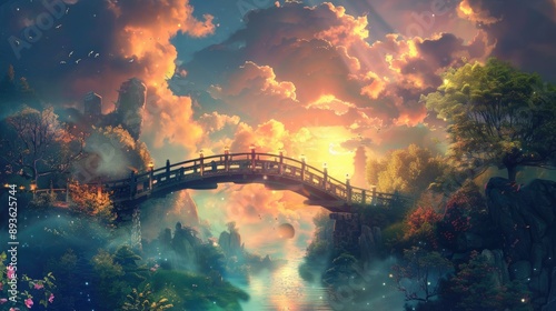 Elegant bridge in heaven, adorned with luminous details and a radiant sky photo