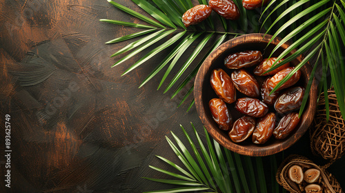 A rustic wooden bowl filled with fresh dates, surrounded by palm leaves on a dark textured background.