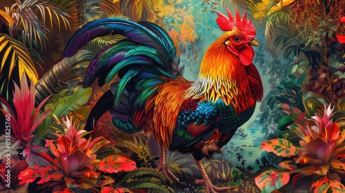 Wallpaper Mural Elegant chicken with rainbow wings among exotic, paradise flora Torontodigital.ca