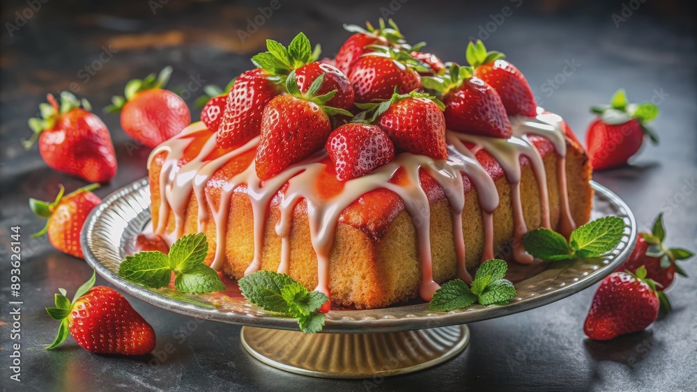 Moist strawberry pound cake smothered in rich glaze and adorned with fresh strawberries, elegantly presented on a sophisticated silver platter, perfect for indulgence. Moist strawberry pound cake smothered in rich glaze and adorned with fresh strawberries, elegantly presented on a sophisticated silver platter, perfect for indulgence.