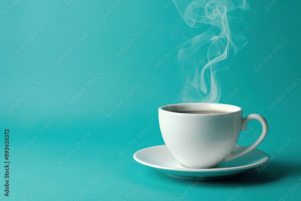 Warm and inviting image of steaming white coffee cup on teal backdrop, promising relaxation and comfort Warm and inviting image of steaming white coffee cup on teal backdrop, promising relaxation and comfort