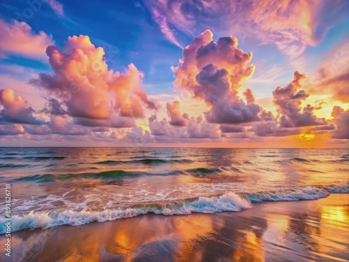 Soft pink clouds drift across a serene horizon, casting a warm glow on the gentle waves below, evoking a sense of peaceful romance and tranquility.