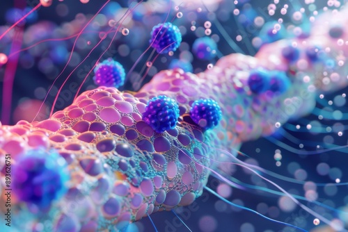 Exploring cellular metabolism: up close look at protein channels in cell membrane, with molecules in motion, facilitating transport processes photo