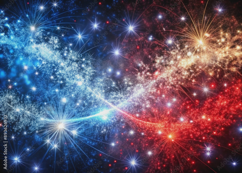 Obraz premium Vibrant red, white, and blue glittering sparks swirl together on a textured background, evoking patriotism and celebration for American holidays and democratic elections.