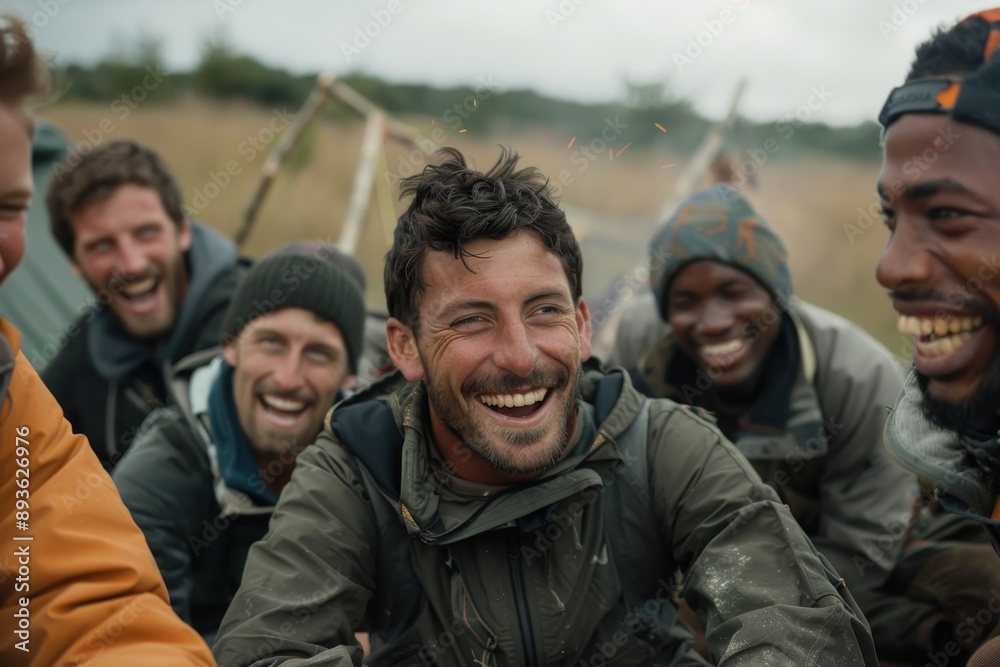 A group of men share a joyful moment, laughing and bonding at a campsite amidst nature's backdrop, fostering friendship and creating happy memories around their tents. A group of men share a joyful moment, laughing and bonding at a campsite amidst nature's backdrop, fostering friendship and creating happy memories around their tents.
