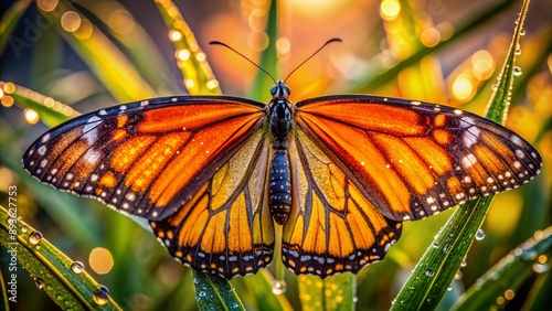 Vibrant orange and black butterfly wings unfold, revealing intricate patterns and delicate scales, sparkling with dew droplets in soft, warm morning light.