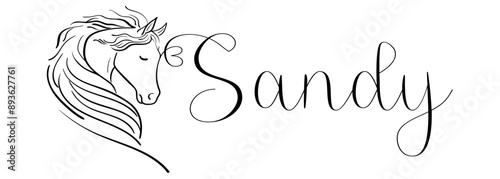 sandy - colore nero - nome scritto - grafica vettoriale con cavallo stilizzato con cuore - per siti web, auguri, banner, cartoline, tag, t-shirt, felpa, stampe, cricut, silhouette, scrapbooking