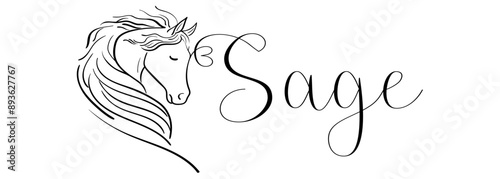 Sage - colore nero - nome scritto - grafica vettoriale con cavallo stilizzato con cuore - per siti web, auguri, banner, cartoline, tag, t-shirt, felpa, stampe, cricut, silhouette, scrapbooking