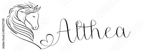 Althea - colore nero - nome scritto - grafica vettoriale con cavallo stilizzato con cuore - per siti web, auguri, banner, cartoline, tag, t-shirt, felpa, stampe, cricut, silhouette, scrapbooking