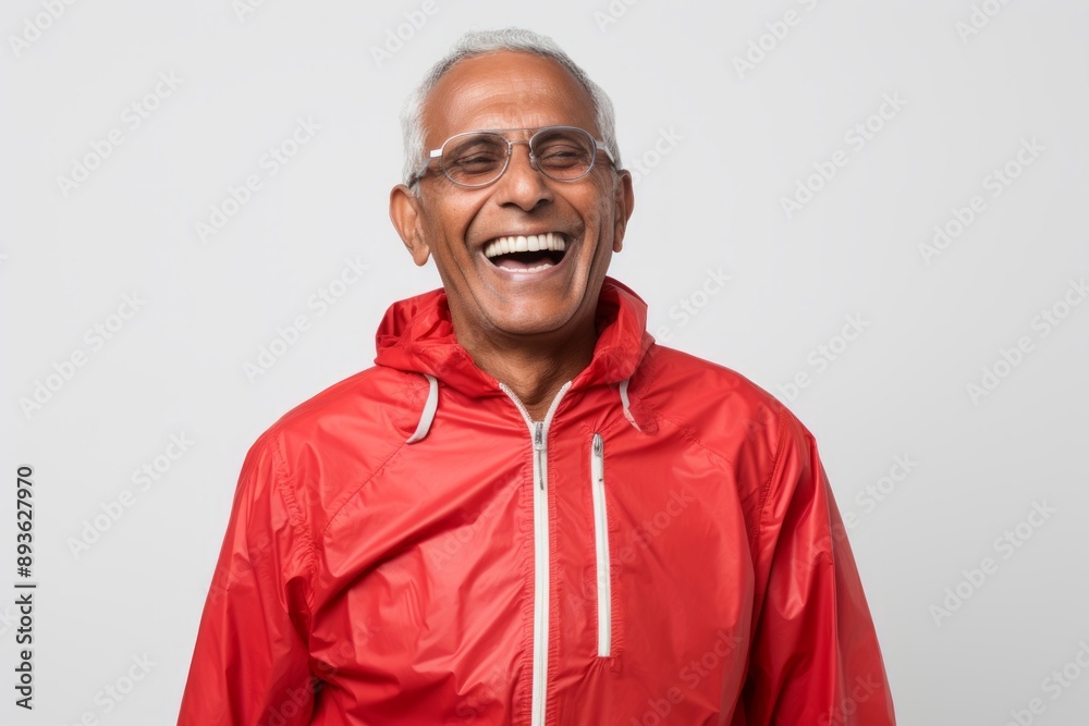 Portrait of a joyful indian man in his 80s wearing a functional windbreaker on white background Portrait of a joyful indian man in his 80s wearing a functional windbreaker on white background