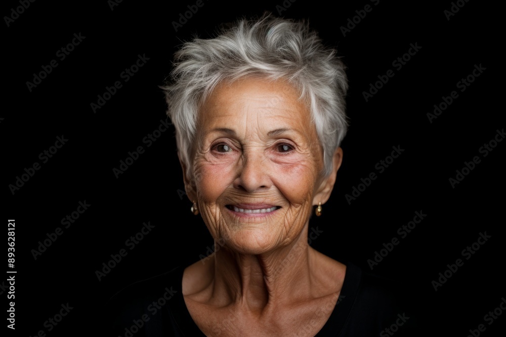 Portrait of a jovial woman in her 70s dressed in a casual t-shirt over white background Portrait of a jovial woman in her 70s dressed in a casual t-shirt over white background