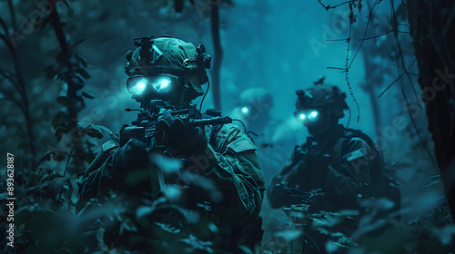 Soldiers in night vision goggles moving through dark forest in elite unit operation