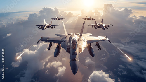 Fighter jets in formation flying in bright sky