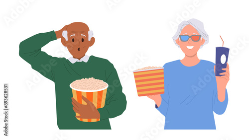 Senior man and elderly woman isolated cartoon characters enjoying watching film movie at cinema
