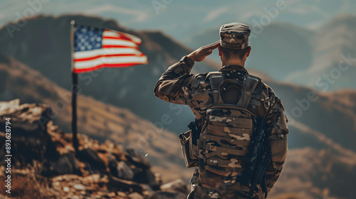 Soldier saluting during national anthem at military ceremony photo