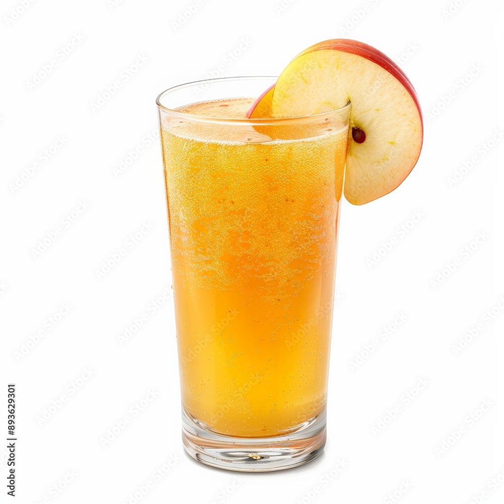 A tall glass of apple juice garnished with a slice of apple A tall glass of apple juice garnished with a slice of apple