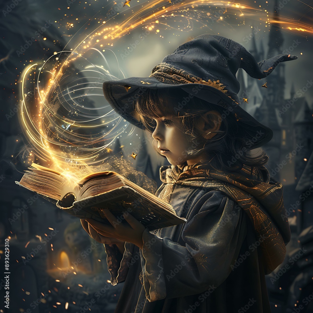 A child dressed as a wizard holding a glowing book. The book opens to reveal a swirling vortex leading to a fantastical world filled with castles and dragons. A child dressed as a wizard holding a glowing book. The book opens to reveal a swirling vortex leading to a fantastical world filled with castles and dragons.